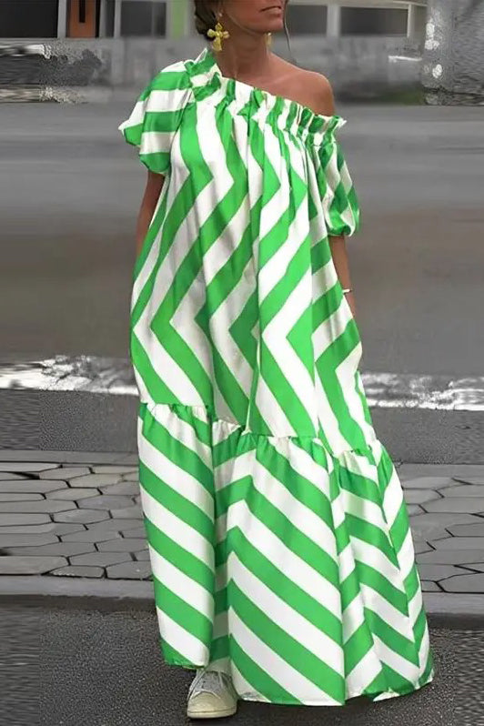 Vintage Printed Sexy Skew Collar Short Sleeve Stripe Maxi Dress