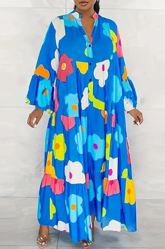 Elegant Casual Ruffle Round Neck Printed Flare Sleeve Loose Maxi Dress