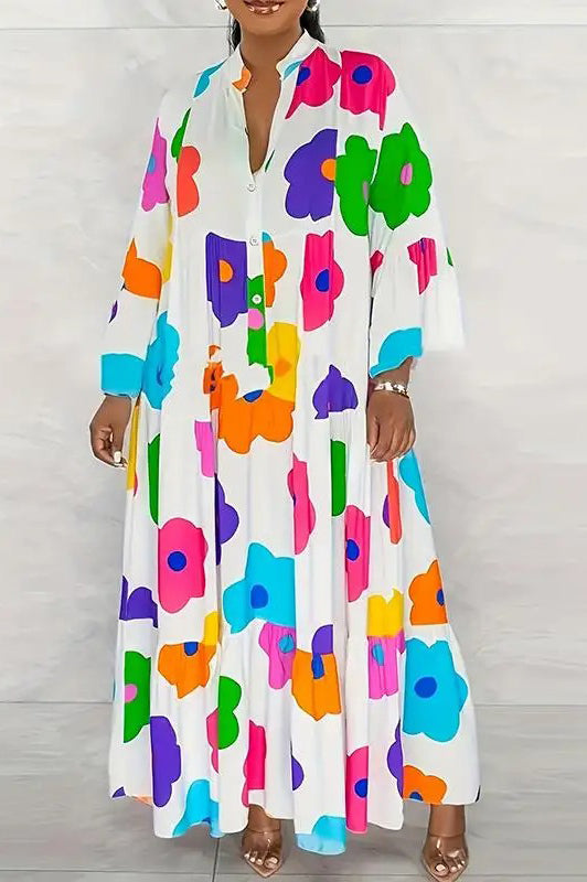 Elegant Casual Ruffle Round Neck Printed Flare Sleeve Loose Maxi Dress