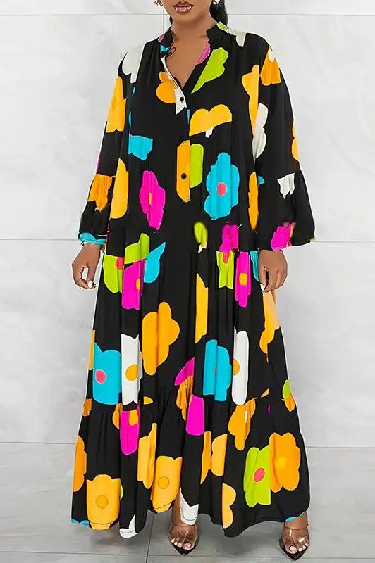 Elegant Casual Ruffle Round Neck Printed Flare Sleeve Loose Maxi Dress