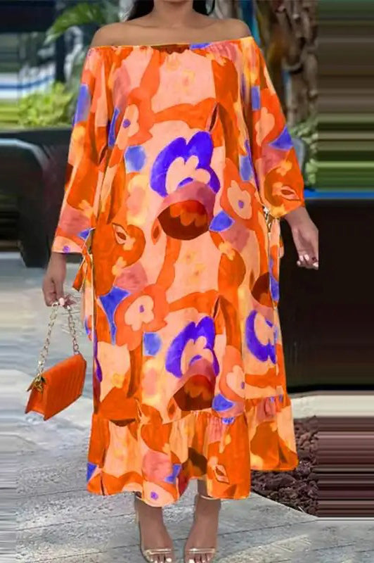 Elegant Sexy Off Shoulder Loose Oversize Printed Beach Maxi Dress