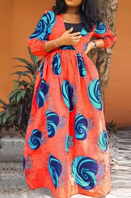 Vintage Sexy V Neck Bohemian Printed Long Dress