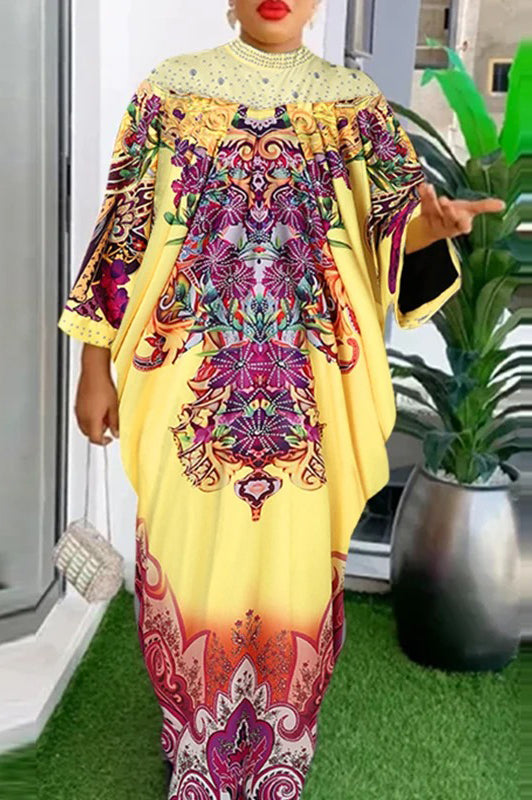 Elegant Stand Collar Vintage Printed Casual Plus Size Maxi Dress