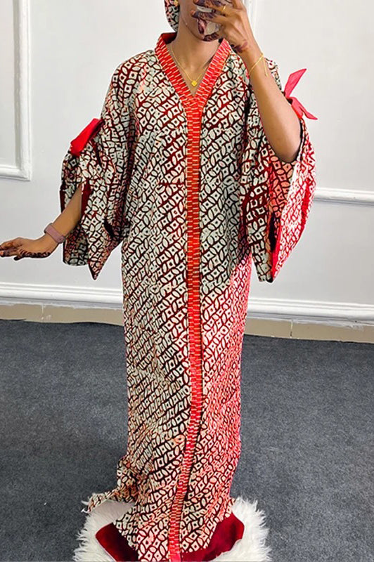 Elegant V-Neck Casual Long Sleeve Loose Printed Maxi Dresses