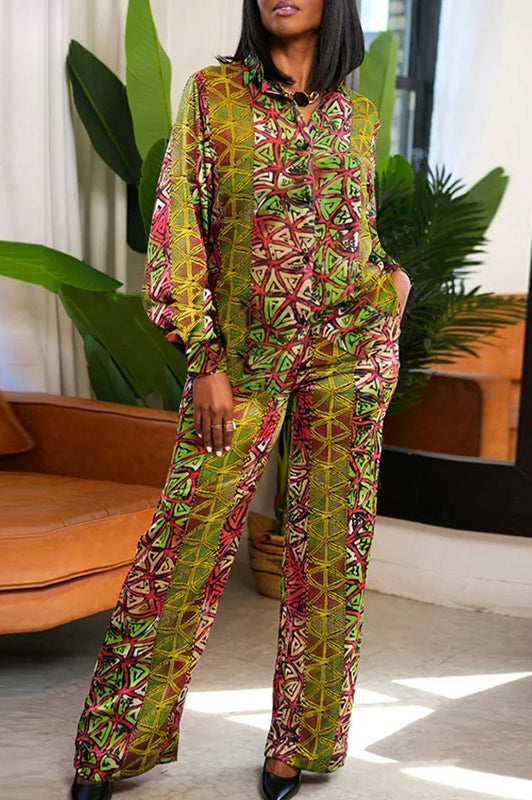 Elegant Stylish Long Sleeve Casual Printed Top Trousers Oversized Two Piece Suits