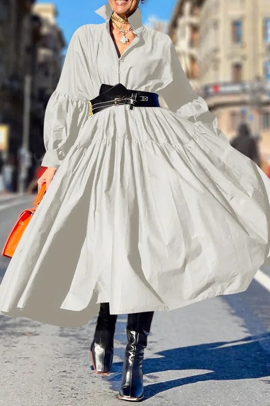 Elegant Ruffles Loose Lantern Long Sleeve Lapel Neck Casual Solid Color Dress