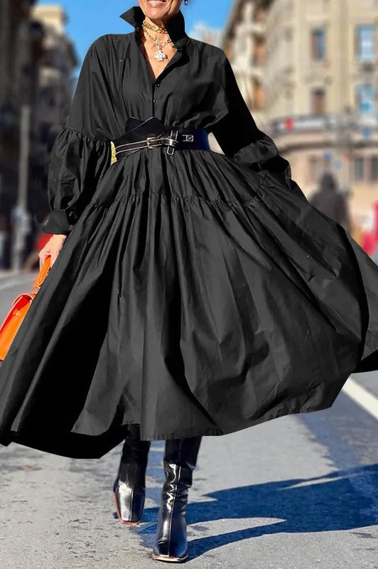 Elegant Ruffles Loose Lantern Long Sleeve Lapel Neck Casual Solid Color Dress