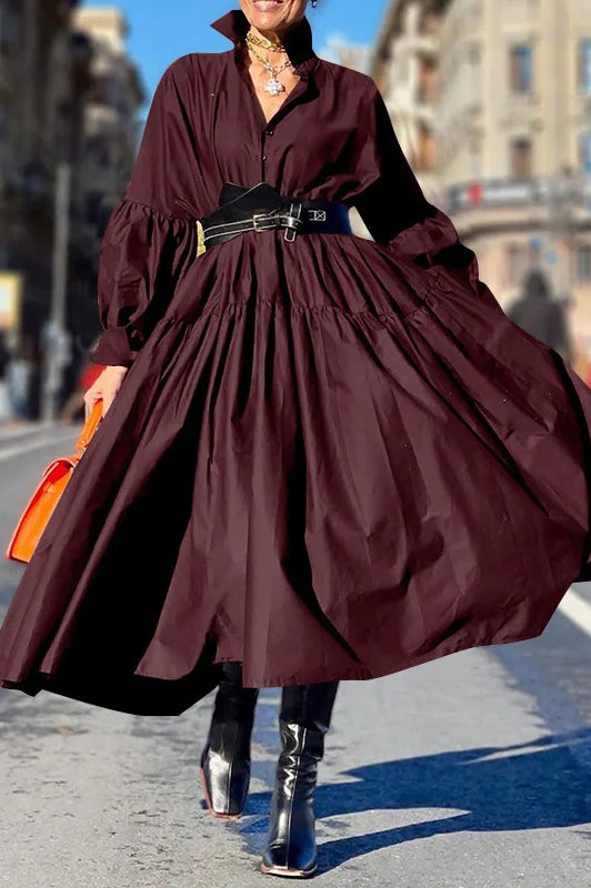 Elegant Ruffles Loose Lantern Long Sleeve Lapel Neck Casual Solid Color Dress