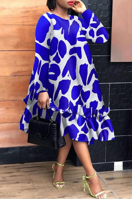 Elegant Long Sleeve Party Casual Loose Oversized Printed Midi Dress