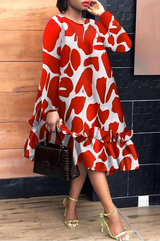 Elegant Long Sleeve Party Casual Loose Oversized Printed Midi Dress