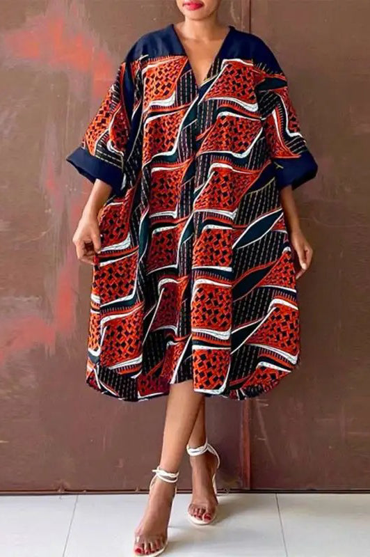 Elegant V Neck Sexy Half Sleeve Casual Printed Loose Plus Size Dress