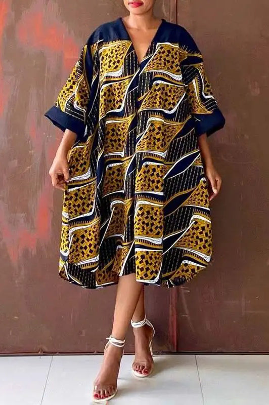 Elegant V Neck Sexy Half Sleeve Casual Printed Loose Plus Size Dress