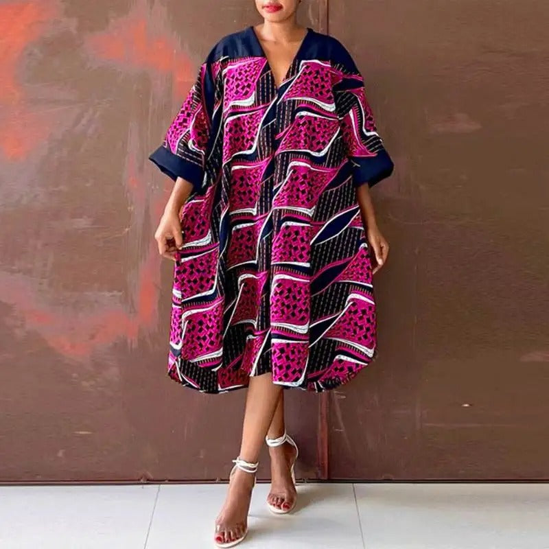 Elegant V Neck Sexy Half Sleeve Casual Printed Loose Plus Size Dress