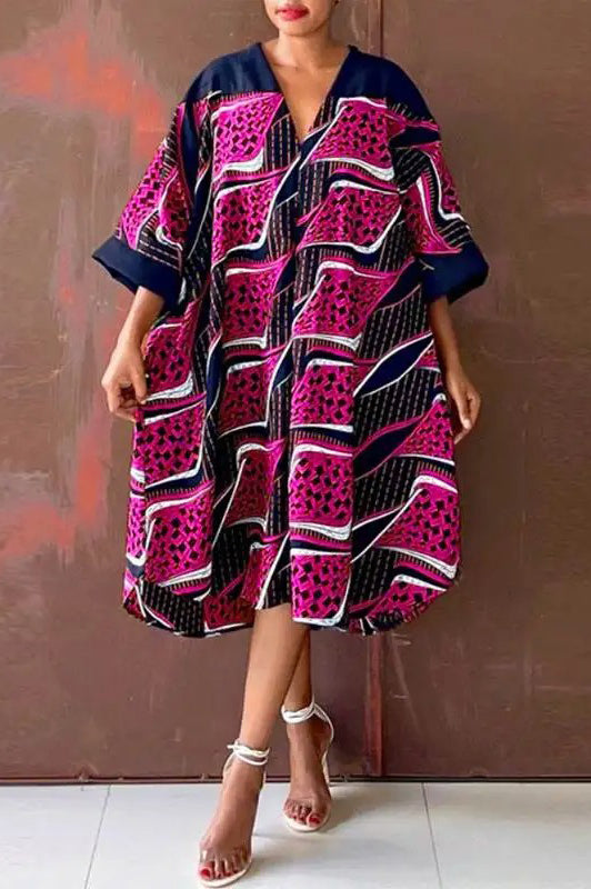 Elegant V Neck Sexy Half Sleeve Casual Printed Loose Plus Size Dress