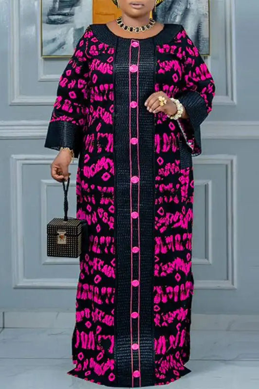 Elegant Long Sleeve Patchwork Printed Party Plus Size Maxi Dress