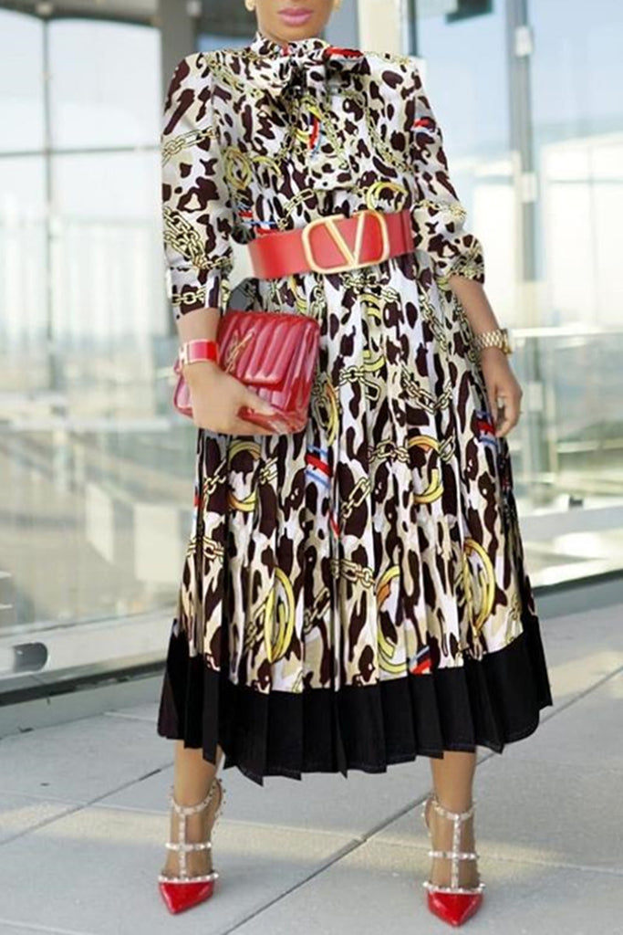 Fashion Casual Print Patchwork O Neck Long Sleeve Dresses (Without Belt)