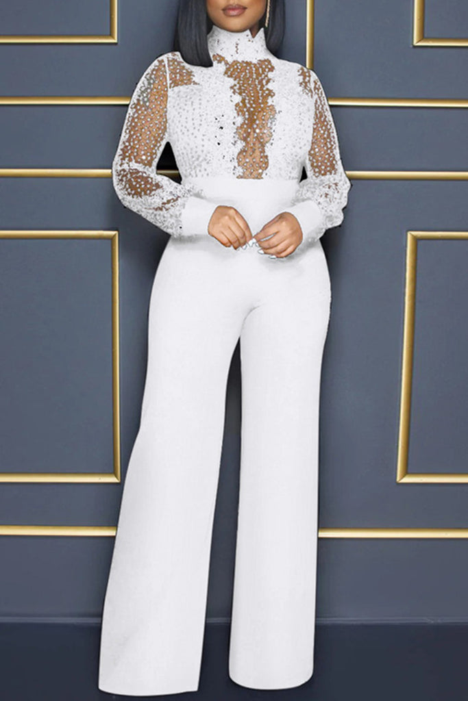 Fashion Sexy Patchwork Sequins See-through Turtleneck Regular Jumpsuits