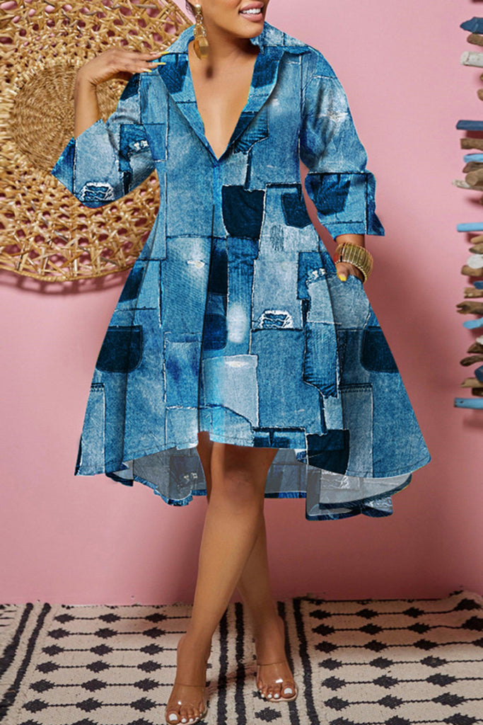 Fashion Casual Print Patchwork Turndown Collar Shirt Dress