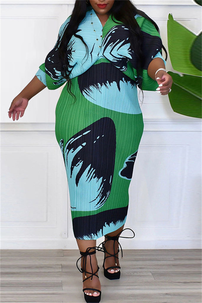 Casual Print Patchwork V Neck Pencil Skirt Plus Size Dresses