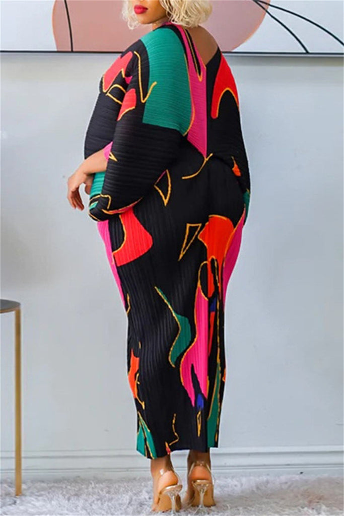 Casual Print Patchwork V Neck Pencil Skirt Plus Size Dresses