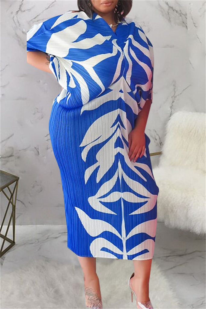 Casual Print Patchwork V Neck Pencil Skirt Plus Size Dresses