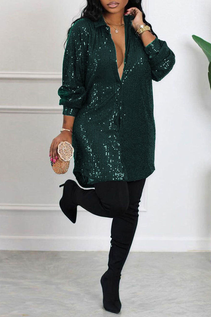 Sexy Casual Solid Sequins Shirt Collar Shirt Dress Dresses