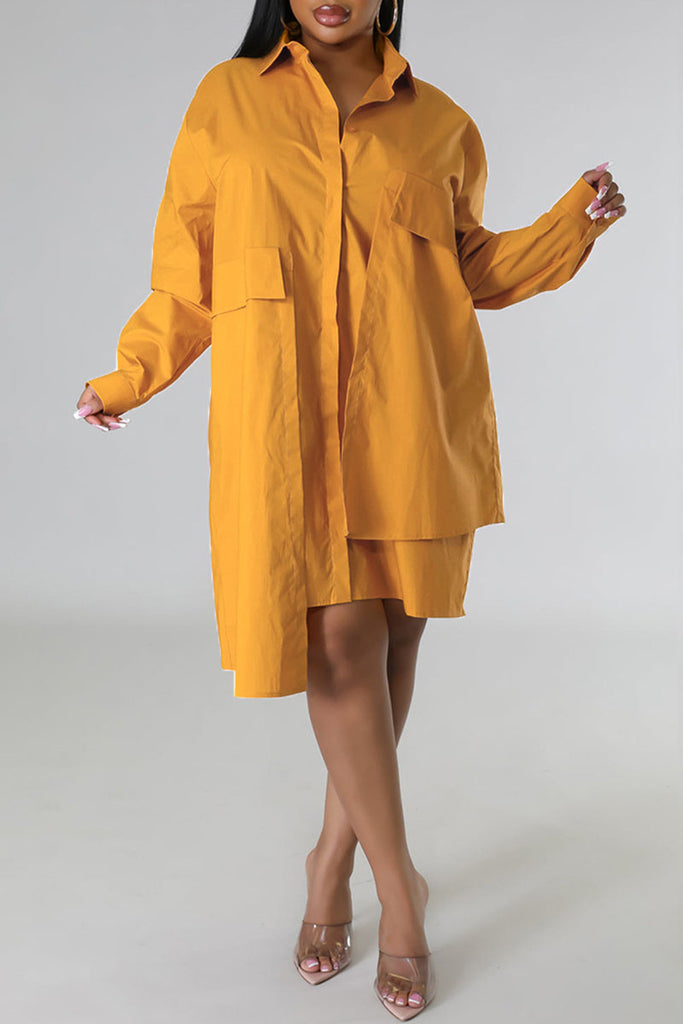 Casual Solid Patchwork Buckle Asymmetrical Turndown Collar Shirt Dress Dresses