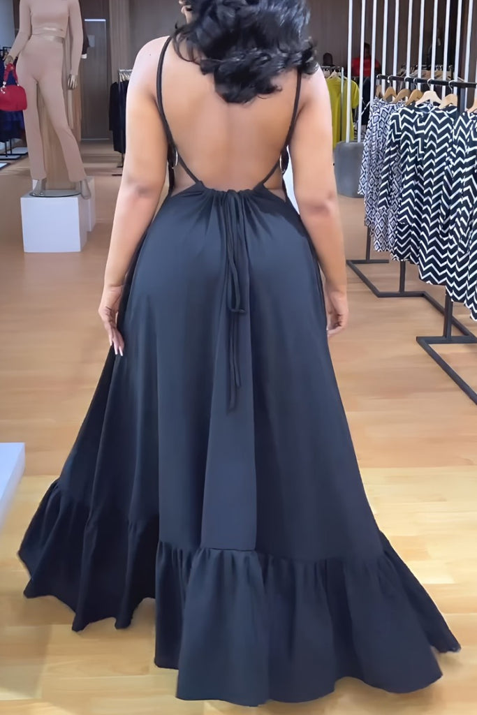 Sexy Casual Solid Bandage Backless O Neck Long Dress Dresses