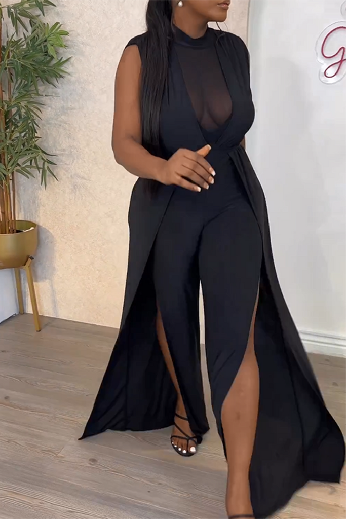 Work Elegant Plain Slit Mesh O Neck Straight Jumpsuits