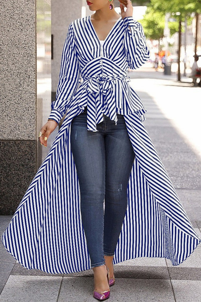 Casual Striped Print Patchwork V Neck Tops