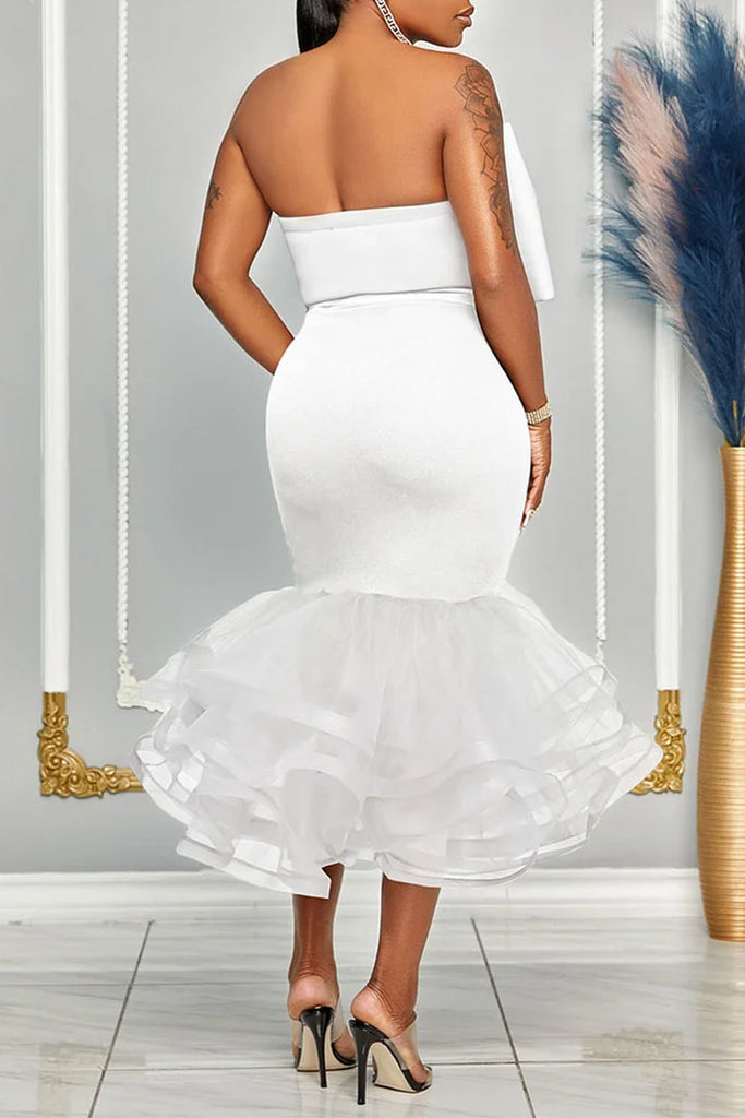 Sexy Party Elegant Formal Patchwork Flounce Asymmetrical Strapless Sleeveless Two Pieces