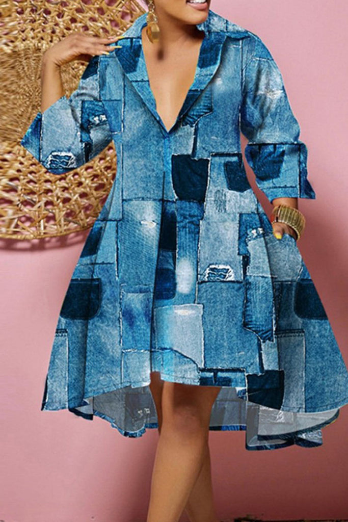 Casual Print Patchwork Turndown Collar A Line Dresses